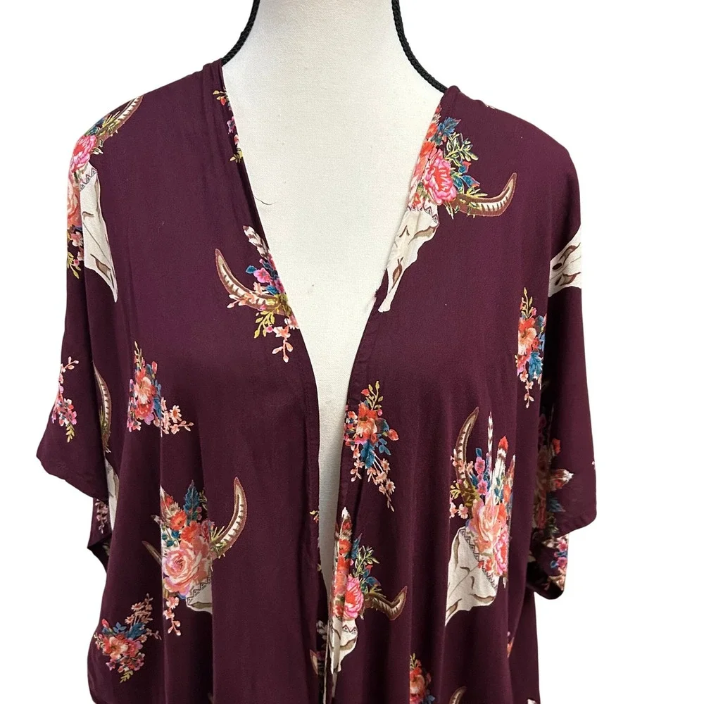 Angie Women's Kimono Topper Bull Skull Floral Burgundy Bohemian‎ Boho Size L
